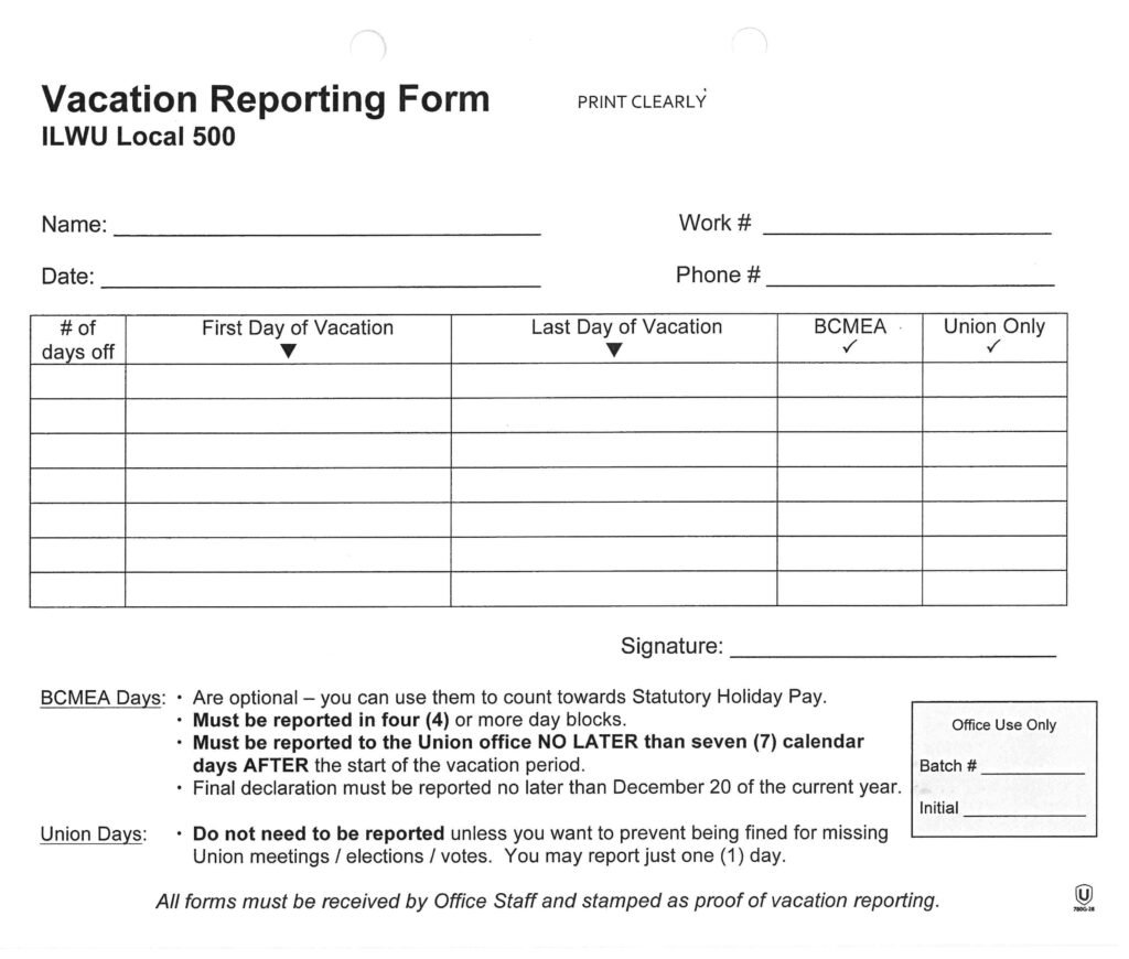 Reporting Vacations & Statutory Holidays ILWU Local 500